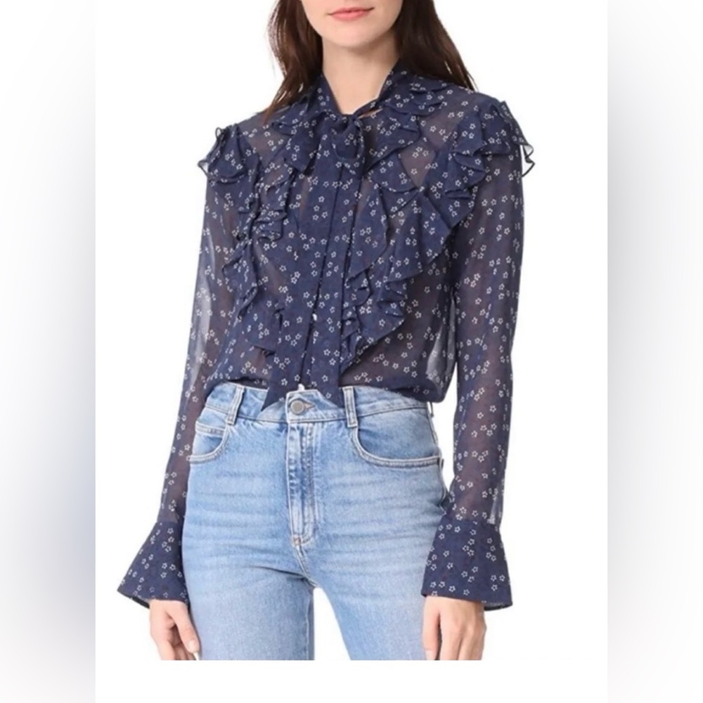 Veronica Beard Navy and floral sheer blouse